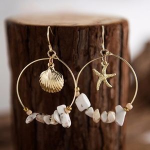 Starfish and Shell Beach Stone Hoop Gold Earrings